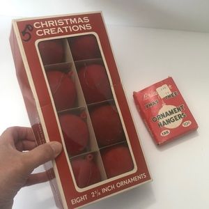 Vintage Bundle- Box Red Flocked Unbreakable Ornaments And Box Ornament Hangers
